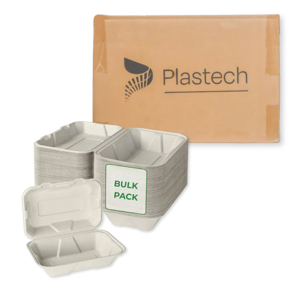 Bagasse Clamshell - 6” x 9" Box, White - Case - 300 Count, Bulk Packed, Zero Plastic, Certified Home Compostable, Plant-Based Disposable