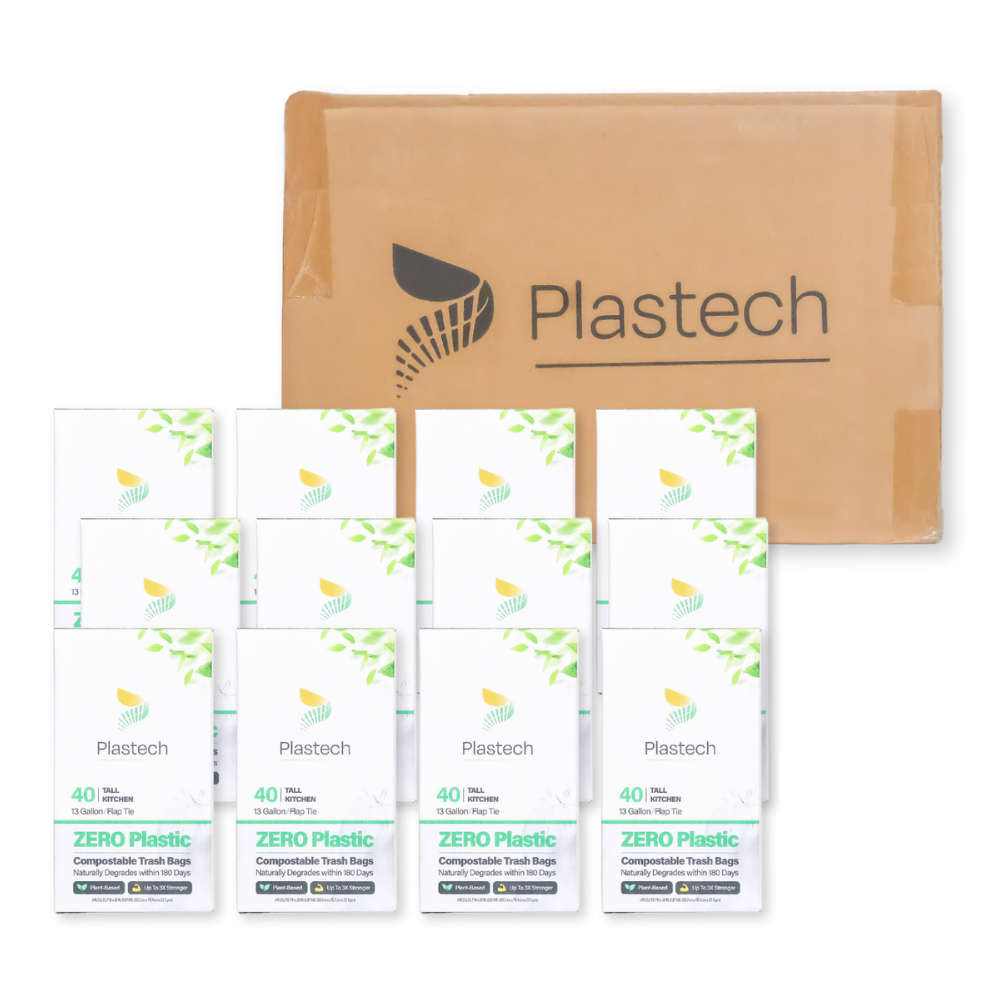 13 Gallon Trash Bags with Flap-Tie - 40 Count, Zero Plastic, Certified Home Compostable, Plant-Based, Kitchen, 23.75 x 28 inches, White