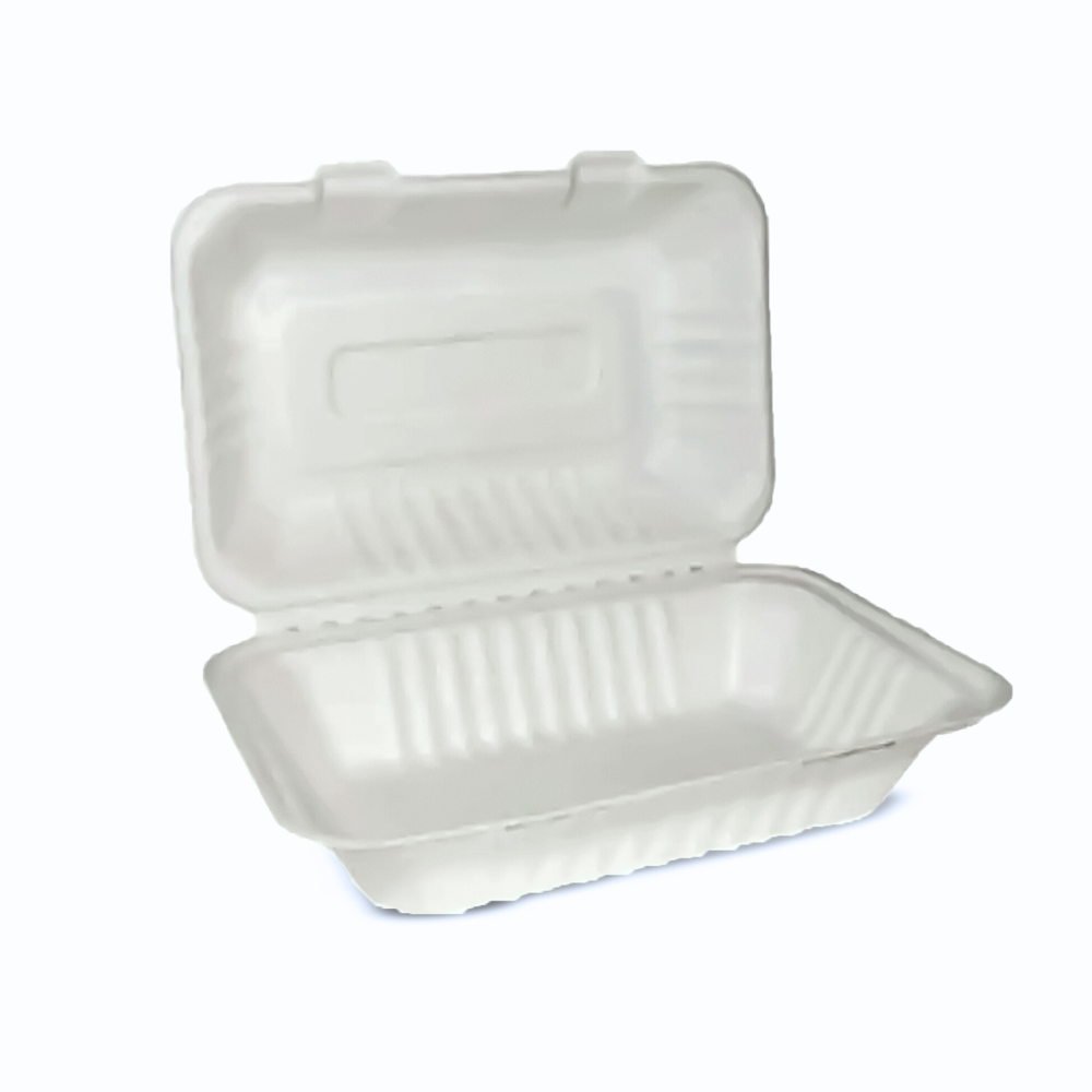 Bagasse Clamshell - 6” x 9" Box, White - Case - 300 Count, Bulk Packed, Zero Plastic, Certified Home Compostable, Plant-Based Disposable