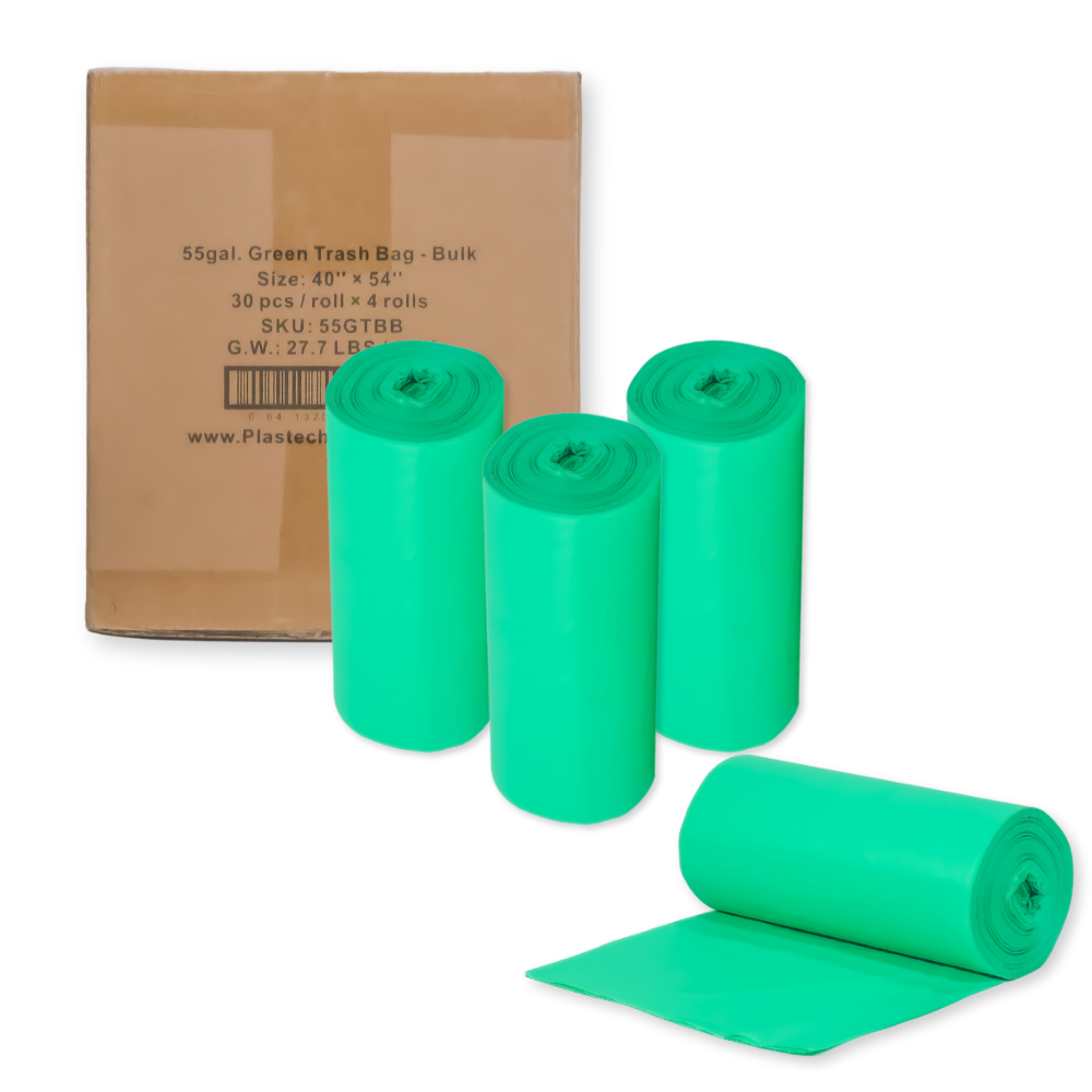 55 Gallon Trash Bags, Star Bottom Design -  30 Count, Zero Plastic, Certified Home Compostable, Plant-Based, 40 x 54 inches, Green