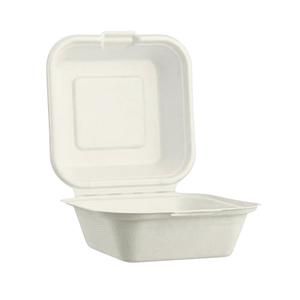 Bagasse Clamshell - 6” x 6" Box, White - Case - 500 Count, Bulk Packed, Zero Plastic, Certified Home Compostable, Plant-Based Disposable