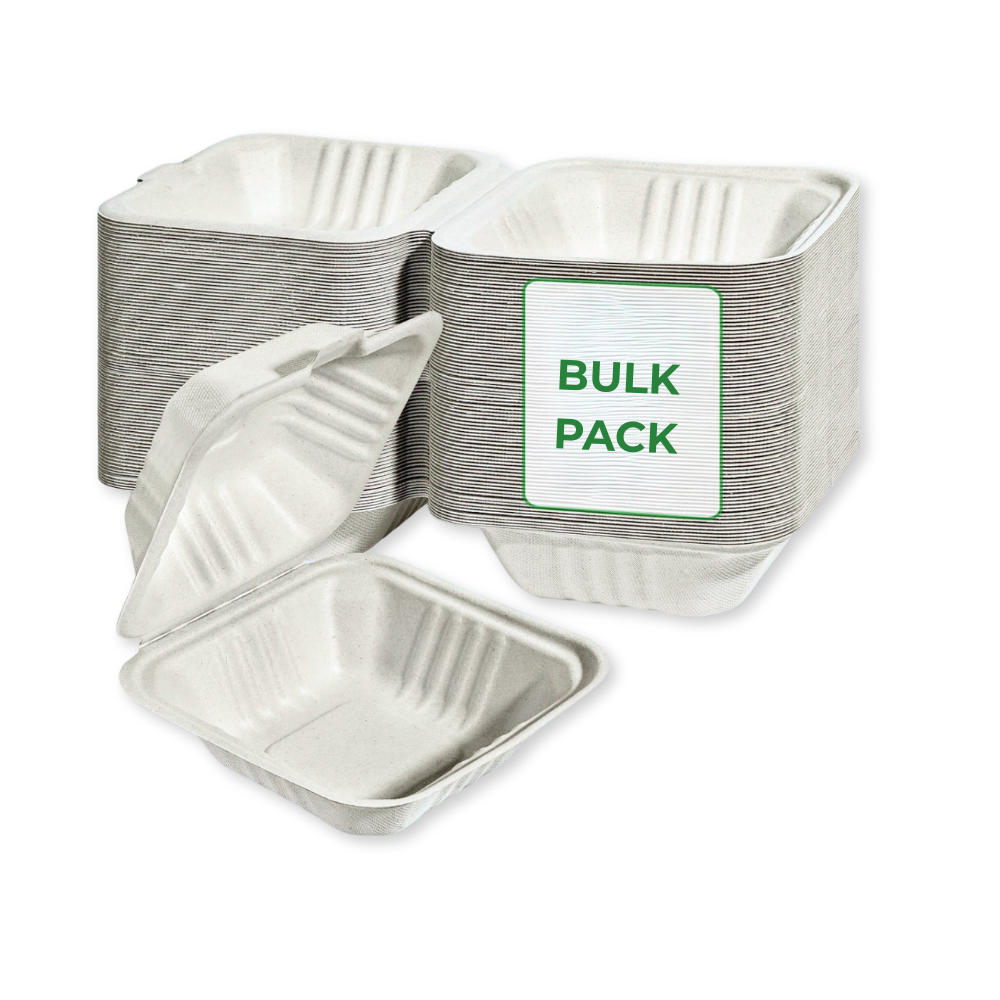 Bagasse Clamshell - 6” x 6" Box, White - Case - 500 Count, Bulk Packed, Zero Plastic, Certified Home Compostable, Plant-Based Disposable