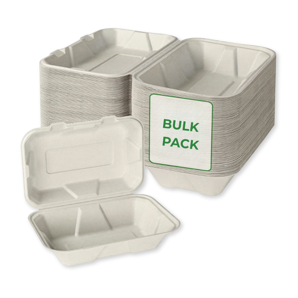 Bagasse Clamshell - 6” x 9" Box, White - Case - 300 Count, Bulk Packed, Zero Plastic, Certified Home Compostable, Plant-Based Disposable
