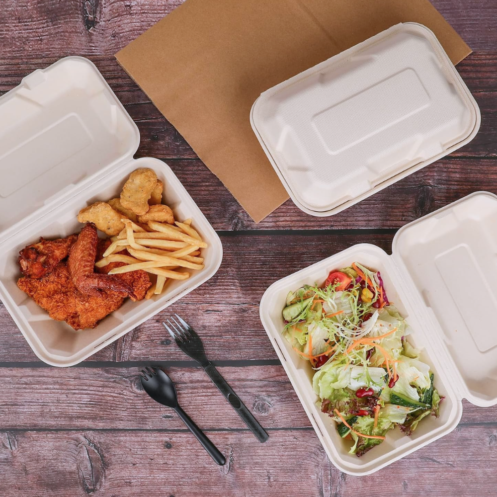 Bagasse Clamshell - 6” x 9" Box, White - Case - 300 Count, Bulk Packed, Zero Plastic, Certified Home Compostable, Plant-Based Disposable