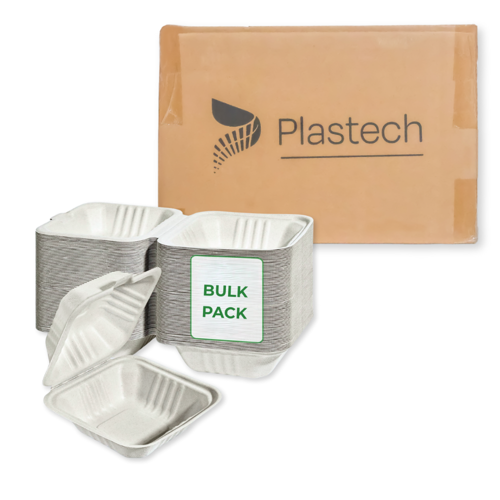 Bagasse Clamshell - 6” x 6" Box, White - Case - 500 Count, Bulk Packed, Zero Plastic, Certified Home Compostable, Plant-Based Disposable