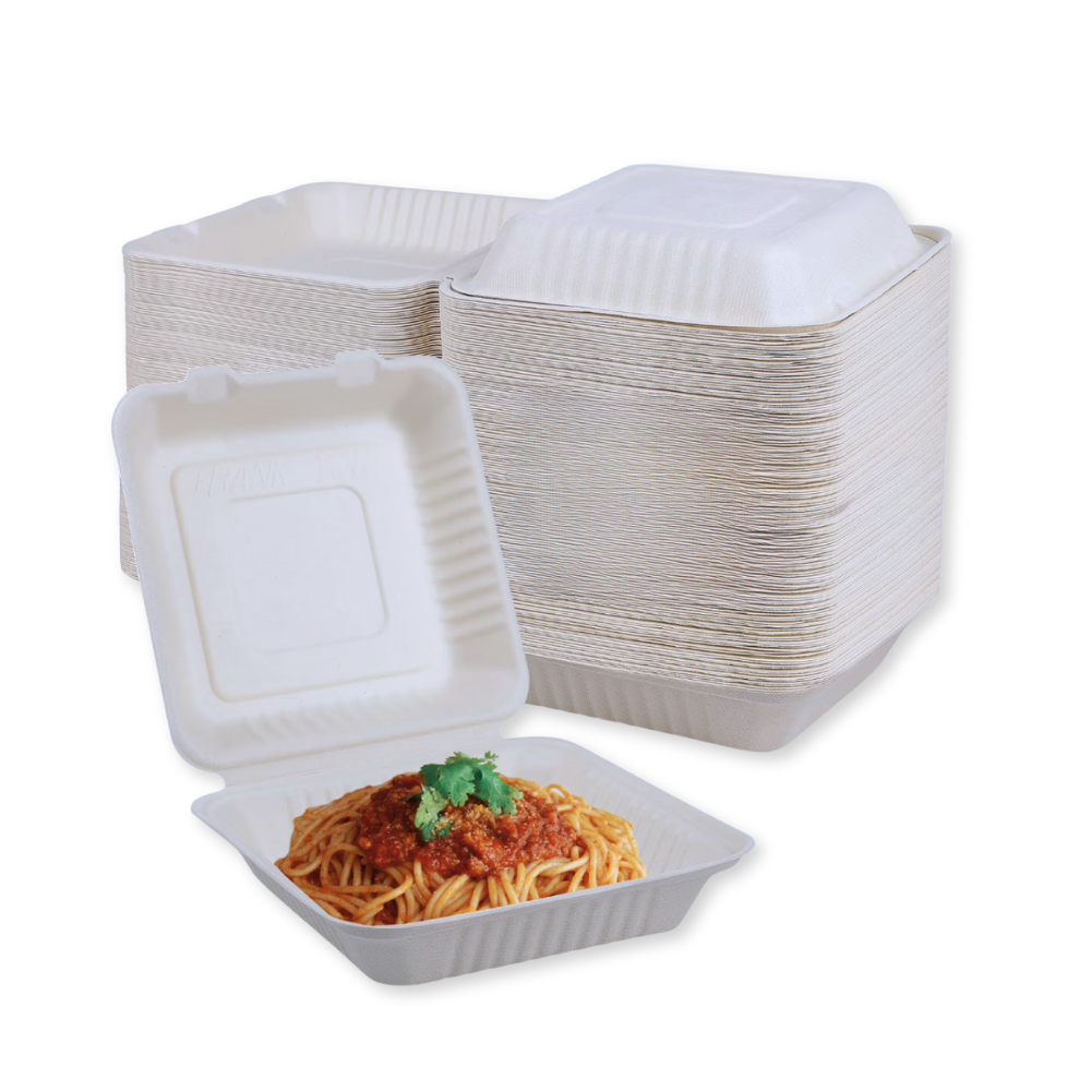 Bagasse Clamshell - 8” x 8" Box, White - Case - 200 Count, Bulk Packed, Zero Plastic, Certified Home Compostable, Plant-Based Disposable