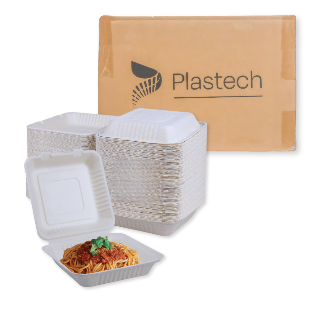 Bagasse Clamshell - 8” x 8" Box, White - Case - 200 Count, Bulk Packed, Zero Plastic, Certified Home Compostable, Plant-Based Disposable