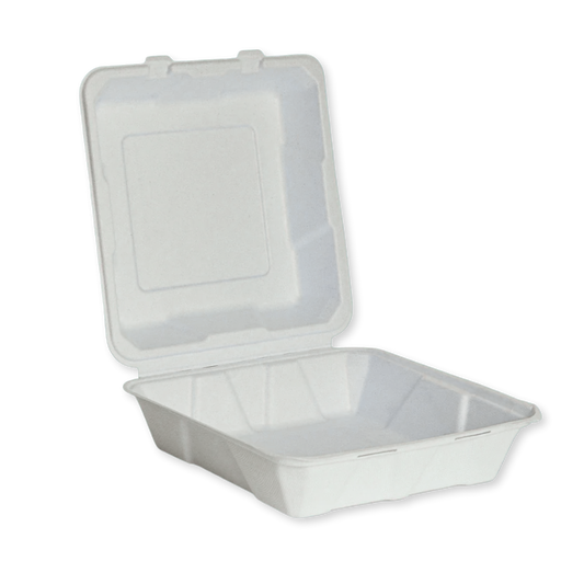 Bagasse Clamshell - 8” x 8" Box, White - Case - 200 Count, Bulk Packed, Zero Plastic, Certified Home Compostable, Plant-Based Disposable
