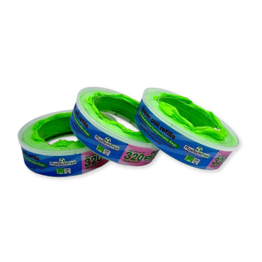 Diaper Pail Refill Ring Canisters - 1 Pack, 3 Rings - Zero Plastic, Certified Home Compostable Bags, Plant-Based, Retail Box, Green