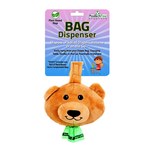 Plush Bear Diaper Bag Dispenser with 15 Bags - Certified Home Compostable Bags, Plant-Based, 5 x 2.5 x 8 inches, Brown