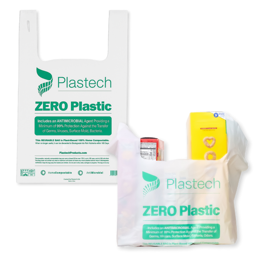 Reusable Shopping/Carry Bags - Case - 200 Count, Antimicrobial, Zero Plastic, Certified Home Compostable, Plant-Based, 13.3W x 8D x 21H inches, White