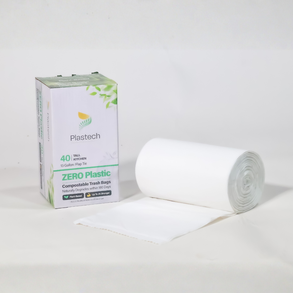 13 Gallon Trash Bags with Flap-Tie - 40 Count, Zero Plastic, Certified Home Compostable, Plant-Based, Kitchen, 23.75 x 28 inches, White