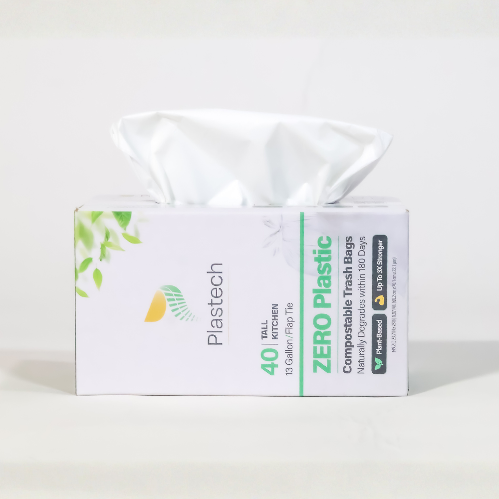 13 Gallon Trash Bags with Flap-Tie - 40 Count, Zero Plastic, Certified Home Compostable, Plant-Based, Kitchen, 23.75 x 28 inches, White