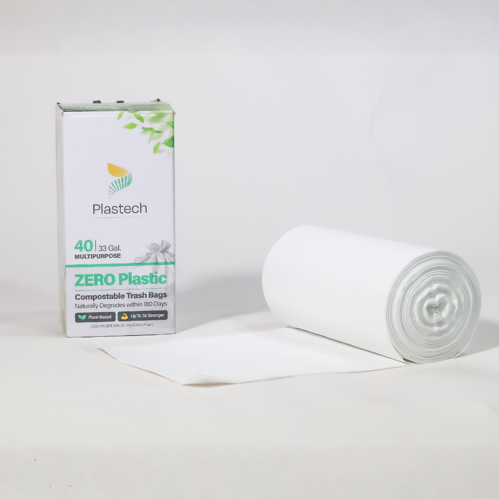 33 Gallon Trash Bags with Flap-Tie -  40 Count, Zero Plastic, Certified Home Compostable, Plant-Based, 32 x 38 inches, White