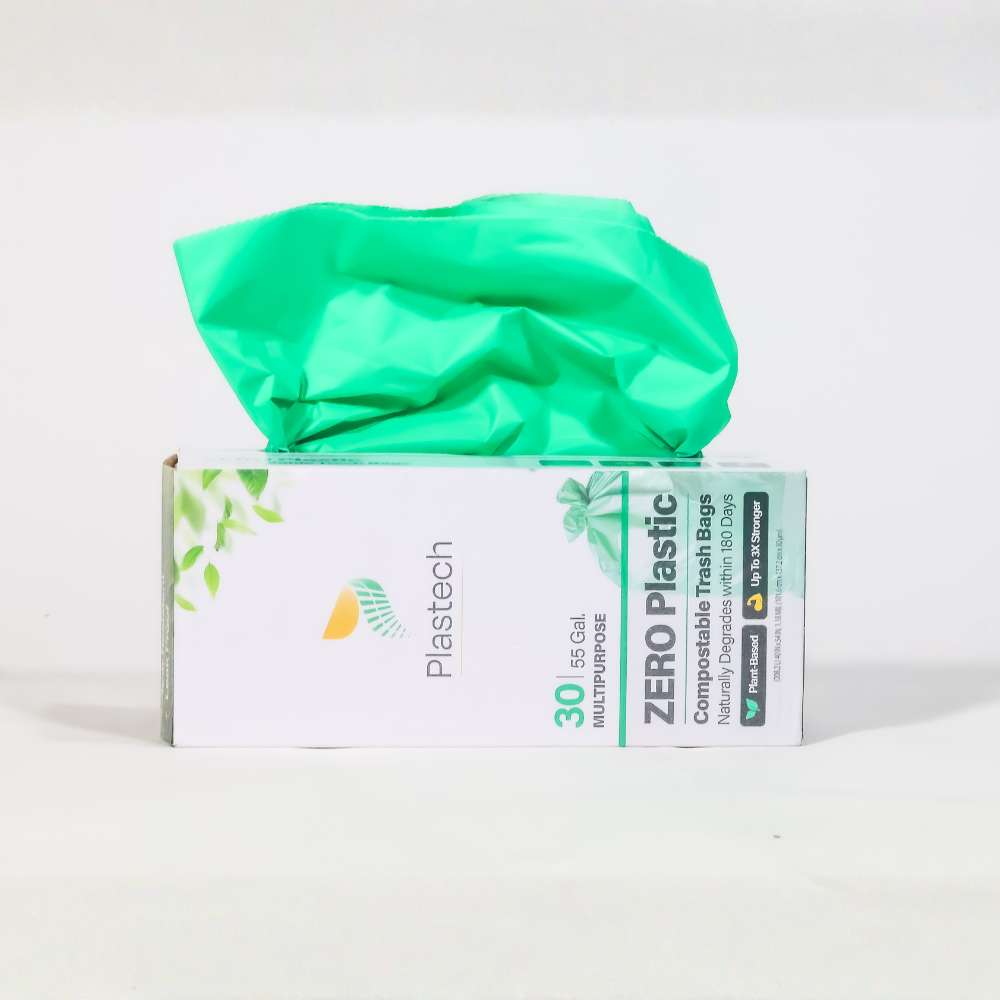 55 Gallon Trash Bags, Star Bottom Design -  30 Count, Zero Plastic, Certified Home Compostable, Plant-Based, 40 x 54 inches, Green